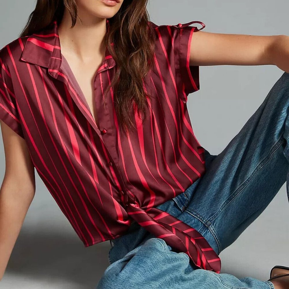 Anthropologie Hutch Satin Striped Tie Front Blouse XL